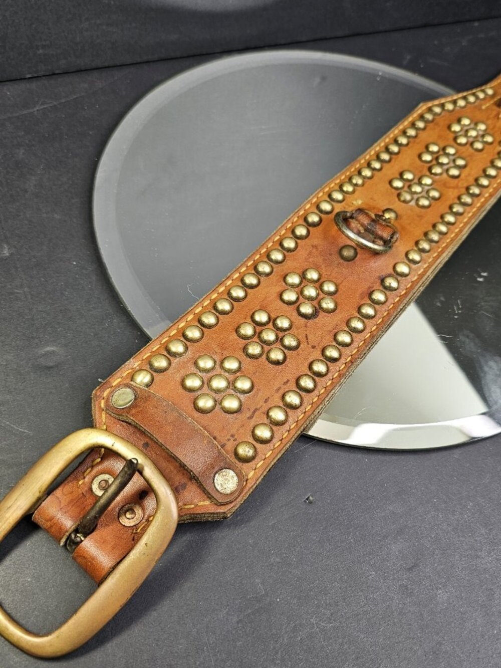 Vintage XL Dog Collar 20 To 24 Inch Adjustable Brass Buckle & Studs Leather